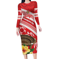 Kingdom Of Tonga Emancipation Day Family Matching Long Sleeve Bodycon Dress and Hawaiian Shirt Tongan Ngatu With Kumete Red