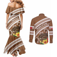 Kingdom Of Tonga Emancipation Day Couples Matching Mermaid Dress and Long Sleeve Button Shirt Tongan Ngatu With Kumete Brown