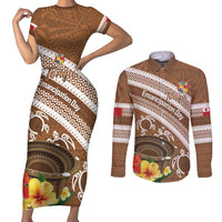 Kingdom Of Tonga Emancipation Day Couples Matching Short Sleeve Bodycon Dress and Long Sleeve Button Shirt Tongan Ngatu With Kumete Brown