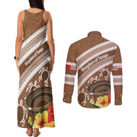 Kingdom Of Tonga Emancipation Day Couples Matching Tank Maxi Dress and Long Sleeve Button Shirt Tongan Ngatu With Kumete Brown
