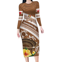 Kingdom Of Tonga Emancipation Day Long Sleeve Bodycon Dress Tongan Ngatu With Kumete Brown