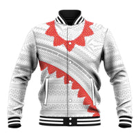 Tonga White Sunday Baseball Jacket Heilala Flowers Tongan Ngatu Pattern