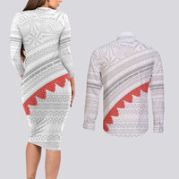 Tonga White Sunday Couples Matching Long Sleeve Bodycon Dress and Long Sleeve Button Shirt Heilala Flowers Tongan Ngatu Pattern