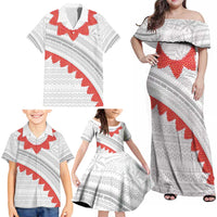 Tonga White Sunday Family Matching Off Shoulder Maxi Dress and Hawaiian Shirt Heilala Flowers Tongan Ngatu Pattern