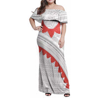 Tonga White Sunday Family Matching Off Shoulder Maxi Dress and Hawaiian Shirt Heilala Flowers Tongan Ngatu Pattern