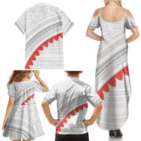 Tonga White Sunday Family Matching Summer Maxi Dress and Hawaiian Shirt Heilala Flowers Tongan Ngatu Pattern