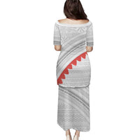 Tonga White Sunday Puletasi Heilala Flowers Tongan Ngatu Pattern