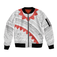 Tonga White Sunday Sleeve Zip Bomber Jacket Heilala Flowers Tongan Ngatu Pattern