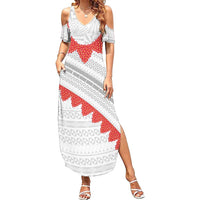 Tonga White Sunday Summer Maxi Dress Heilala Flowers Tongan Ngatu Pattern