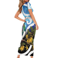 Kekeru New Zealand Matariki Short Sleeve Bodycon Dress Kukupa Kowhai Maori New Year Blue Version LT14 - Polynesian Pride