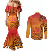 French Polynesia Manta Ray Tattoo Couples Matching Mermaid Dress and Long Sleeve Button Shirt Tahiti Hahalua Tiare Maori Gradient Style LT14 - Polynesian Pride