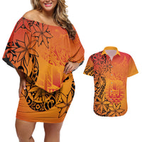 French Polynesia Manta Ray Tattoo Couples Matching Off Shoulder Short Dress and Hawaiian Shirt Tahiti Hahalua Tiare Maori Gradient Style