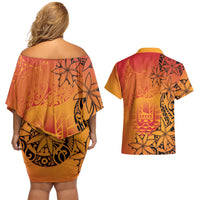 French Polynesia Manta Ray Tattoo Couples Matching Off Shoulder Short Dress and Hawaiian Shirt Tahiti Hahalua Tiare Maori Gradient Style