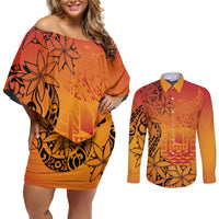 French Polynesia Manta Ray Tattoo Couples Matching Off Shoulder Short Dress and Long Sleeve Button Shirt Tahiti Hahalua Tiare Maori Gradient Style LT14 Orange - Polynesian Pride