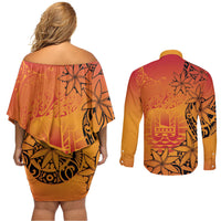 French Polynesia Manta Ray Tattoo Couples Matching Off Shoulder Short Dress and Long Sleeve Button Shirt Tahiti Hahalua Tiare Maori Gradient Style LT14 - Polynesian Pride