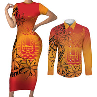 French Polynesia Manta Ray Tattoo Couples Matching Short Sleeve Bodycon Dress and Long Sleeve Button Shirt Tahiti Hahalua Tiare Maori Gradient Style