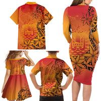 French Polynesia Manta Ray Tattoo Family Matching Long Sleeve Bodycon Dress and Hawaiian Shirt Tahiti Hahalua Tiare Maori Gradient Style LT14 - Polynesian Pride