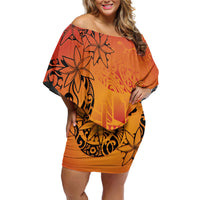 French Polynesia Manta Ray Tattoo Off Shoulder Short Dress Tahiti Hahalua Tiare Maori Gradient Style LT14 Women Orange - Polynesian Pride