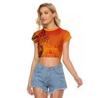 French Polynesia Manta Ray Tattoo Raglan Cropped T Shirt Tahiti Hahalua Tiare Maori Gradient Style LT14 Female Orange - Polynesian Pride