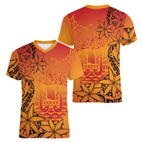 French Polynesia Manta Ray Tattoo Women V-Neck T-Shirt Tahiti Hahalua Tiare Maori Gradient Style LT14 - Polynesian Pride