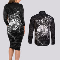 French Polynesia Manta Ray Tattoo Couples Matching Long Sleeve Bodycon Dress and Long Sleeve Button Shirt Tahiti Hahalua Turtle Shark Black Color