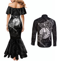 French Polynesia Manta Ray Tattoo Couples Matching Mermaid Dress and Long Sleeve Button Shirt Tahiti Hahalua Turtle Shark Black Color