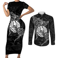 French Polynesia Manta Ray Tattoo Couples Matching Short Sleeve Bodycon Dress and Long Sleeve Button Shirt Tahiti Hahalua Turtle Shark Black Color