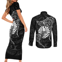 French Polynesia Manta Ray Tattoo Couples Matching Short Sleeve Bodycon Dress and Long Sleeve Button Shirt Tahiti Hahalua Turtle Shark Black Color