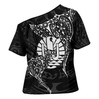 French Polynesia Manta Ray Tattoo Cross Shoulder Shirt Tahiti Hahalua Turtle Shark Black Color LT14 - Polynesian Pride