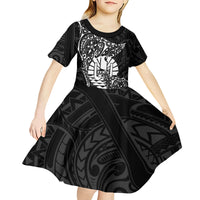 French Polynesia Manta Ray Tattoo Kid Short Sleeve Dress Tahiti Hahalua Turtle Shark Black Color LT14 - Polynesian Pride