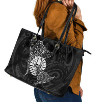 French Polynesia Manta Ray Tattoo Leather Tote Bag Tahiti Hahalua Turtle Shark Black Color