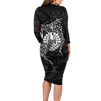 French Polynesia Manta Ray Tattoo Long Sleeve Bodycon Dress Tahiti Hahalua Turtle Shark Black Color LT14 - Polynesian Pride