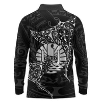 French Polynesia Manta Ray Tattoo Long Sleeve Polo Shirt Tahiti Hahalua Turtle Shark Black Color LT14 - Polynesian Pride