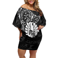 French Polynesia Manta Ray Tattoo Off Shoulder Short Dress Tahiti Hahalua Turtle Shark Black Color