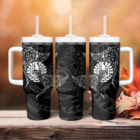 French Polynesia Manta Ray Tattoo Tumbler With Handle Tahiti Hahalua Turtle Shark Black Color