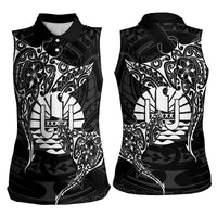 French Polynesia Manta Ray Tattoo Women Sleeveless Polo Shirt Tahiti Hahalua Turtle Shark Black Color