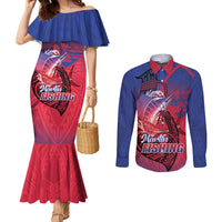 Guam Blue Marlin Fishing Couples Matching Mermaid Dress and Long Sleeve Button Shirt Guahan Fish Hook Tattoo LT14 Blue - Polynesian Pride