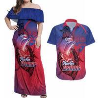 Guam Blue Marlin Fishing Couples Matching Off Shoulder Maxi Dress and Hawaiian Shirt Guahan Fish Hook Tattoo LT14 Blue - Polynesian Pride