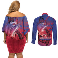 Guam Blue Marlin Fishing Couples Matching Off Shoulder Short Dress and Long Sleeve Button Shirt Guahan Fish Hook Tattoo LT14 - Polynesian Pride
