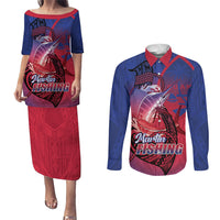 Guam Blue Marlin Fishing Couples Matching Puletasi and Long Sleeve Button Shirt Guahan Fish Hook Tattoo LT14 Blue - Polynesian Pride