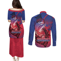 Guam Blue Marlin Fishing Couples Matching Puletasi and Long Sleeve Button Shirt Guahan Fish Hook Tattoo LT14 - Polynesian Pride
