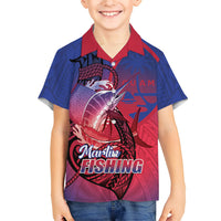 Guam Blue Marlin Fishing Family Matching Off The Shoulder Long Sleeve Dress and Hawaiian Shirt Guahan Fish Hook Tattoo LT14 Son's Shirt Blue - Polynesian Pride