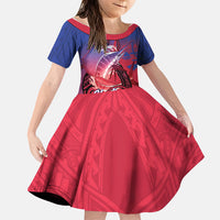 Guam Blue Marlin Fishing Family Matching Off Shoulder Short Dress and Hawaiian Shirt Guahan Fish Hook Tattoo LT14 Daughter's Dress Blue - Polynesian Pride