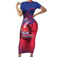 Guam Blue Marlin Fishing Short Sleeve Bodycon Dress Guahan Fish Hook Tattoo LT14 Long Dress Blue - Polynesian Pride