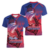 Guam Blue Marlin Fishing Women V-Neck T-Shirt Guahan Fish Hook Tattoo LT14 - Polynesian Pride