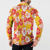 Yellow Hawaii Hibiscus Button Sweatshirt Tropical Flowers Seamless Pattern - Polynesian Pride