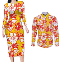 Yellow Hawaii Hibiscus Couples Matching Long Sleeve Bodycon Dress and Long Sleeve Button Shirt Tropical Flowers Seamless Pattern - Polynesian Pride