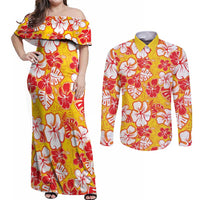 Yellow Hawaii Hibiscus Couples Matching Off Shoulder Maxi Dress and Long Sleeve Button Shirt Tropical Flowers Seamless Pattern - Polynesian Pride