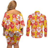 Yellow Hawaii Hibiscus Couples Matching Off Shoulder Short Dress and Long Sleeve Button Shirt Tropical Flowers Seamless Pattern - Polynesian Pride