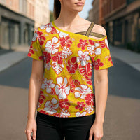 Yellow Hawaii Hibiscus Cross Shoulder Shirt Tropical Flowers Seamless Pattern - Polynesian Pride